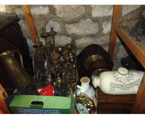 Big mixed metalware lot to include candlesticks, candelabra, jugs, etc, together with two vintage clocks, Dalton stoneware, w