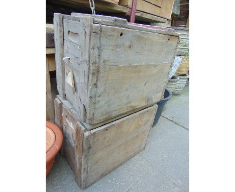 Two vintage wooden crates with hinged lids