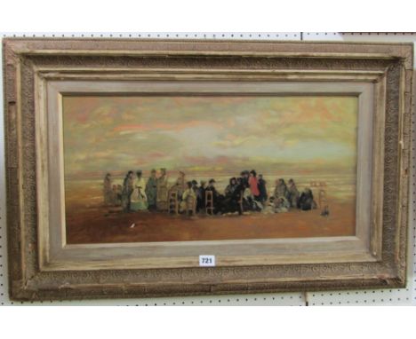 An oil painting on board in the late 19th century French manner showing a company of ladies and gentlemen in a beach setting,