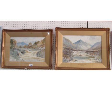 A pair of early 20th century watercolours by Thomas Swift Hutton of highland landscapes with rivers in full spate, both signe