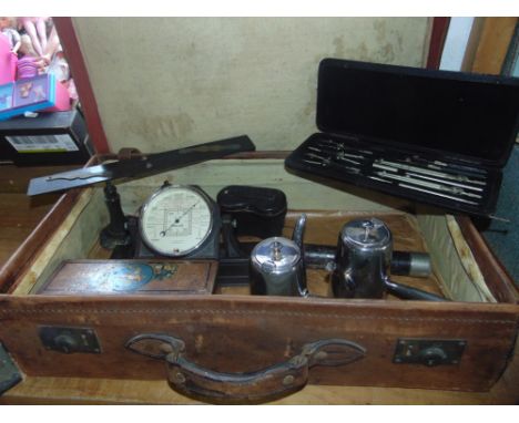 Good mixed misc lot to include a leather cased engineers/archictects stencil set, a cased set of pearl opera glasses, aneroid