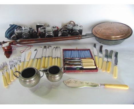 A collection of vintage cameras and lenses together with a mixed box of metal ware, together with a selection of vintage golf