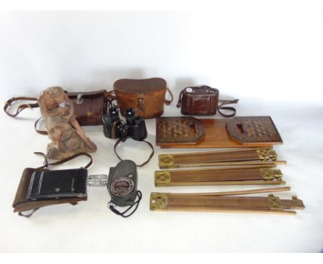 A good mixed miscellaneous lot to include Tunbridge ware book slide, three campaign folding easels, continental terracotta fi