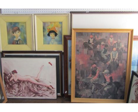 A collection of pictures and prints including a painting on canvas of eastern style dancing figures, signed bottom right Seph
