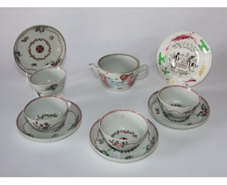 A set of four early 19th century tea bowls and saucers with painted floral sprigs and garland detail, together with an early 