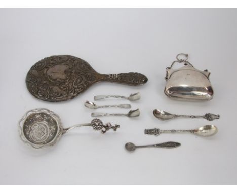 Late Victorian silver purse; together with continental white metal caddy spoon, six novelty spoons and an embossed silver han