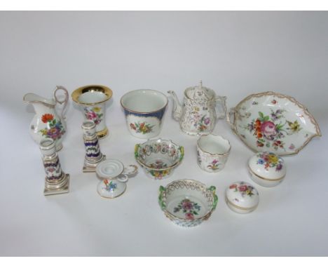 A collection of mainly 19th century  German and Austrian ceramics including a leaf shaped dish with painted floral sprigs the