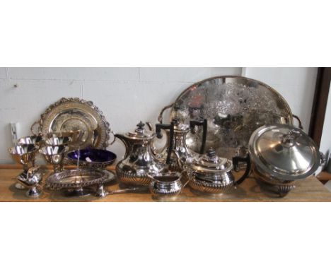 A large mixed collection of silver plated items to include a four piece tea service, twin handled gallery tray and others