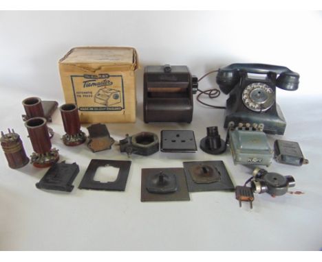 Vintage Bakelite telephone together with a further vintage Bakelite Corby Tie Master and further Bakelite fittings