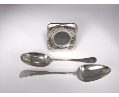 Two antique silver table spoons; together with a small '958' silver easel frame (3)