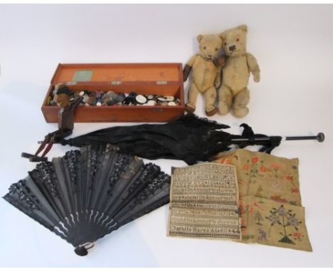 A mixed lot to include two teddy bears, black Victorian parasol, a primitive wooden puppet, boxed fan, two samplers, a long b