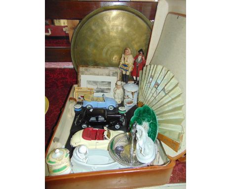 A large mixed miscellaneous lot to include silver plated flatware, oil lamp and shade, various porcelain, scale models of car