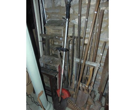 A pair of vintage step ladders (for display purposes only), a l9th century  oak folding clamp, two pairs of folding trestles,