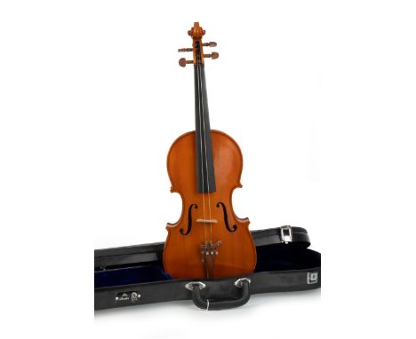 one bearing 'Stento Student' label, each in individual case, along with a further empty violin case labeled violin 61cm long