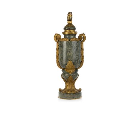 of urn shaped form, with scroll and floral ormolu mounts and acanthus leaves forming upwards, raised on a circular marble bas