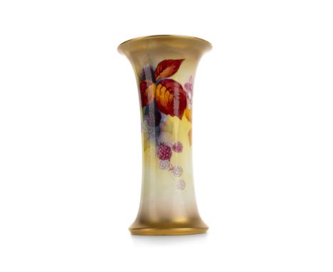 of cylindrical form with flared rim and base, hand painted with blackberries, leaves and blossoming flowers, signed K. Blake,
