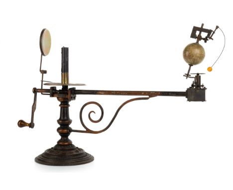 the signed rotating globe above a metal geared movement on the end of a turned arm with scroll support to the papered Zodiac 