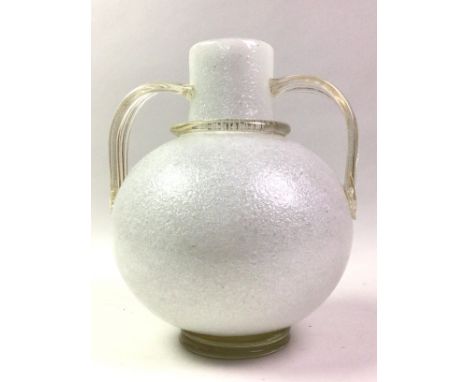 of shouldered ovoid form, the twin clear glass handles with gold leaf inclusions, trailed band to neck, on a circular foot 31