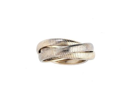 CARTIER: 'TRINITY', GOLD RING, 1978 composed of three textured interlocking gold rings, signed Cartier, maker's marks and Bri
