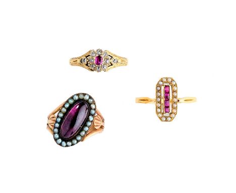 GROUP OF SEVEN GEM-SET RINGS comprising: a Georgian gold, cabochon garnet and seed pearl cluster ring, 1820s, ring size N, a 