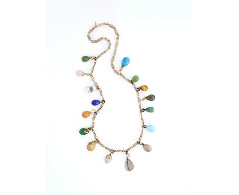 RUSSIAN GOLD, SILVER, HARDSTONE AND GEM-SET EASTER EGG PENDANT NECKLACE, 1900s  the fancy link necklace designed as S shaped 