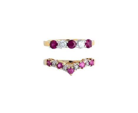 TWO RUBY AND DIAMOND RINGS both of half-hoop design set with circular-cut rubies and brilliant and single-cut diamonds respec