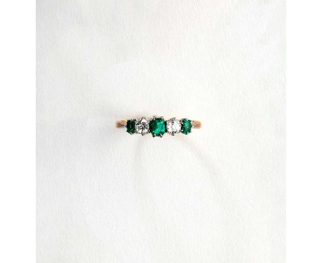 FOUR GEM-SET RINGS comprising: one of half-hoop design set with three step-cut emeralds and two circular-cut diamonds, ring s