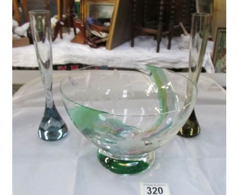 A Caithness glass bowl and 2 Whitefriars specimen vases