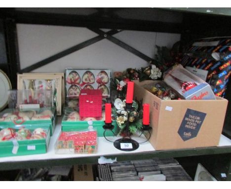 A shelf of Christmas decorations