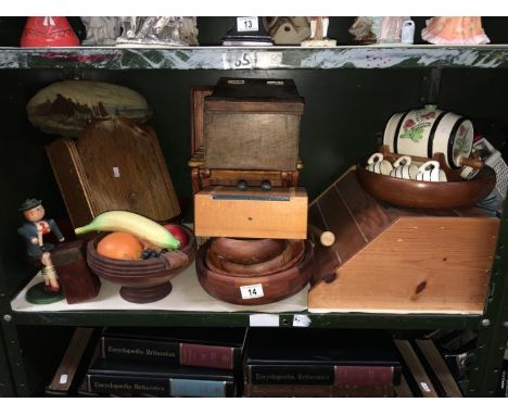 A shelf of wooden items