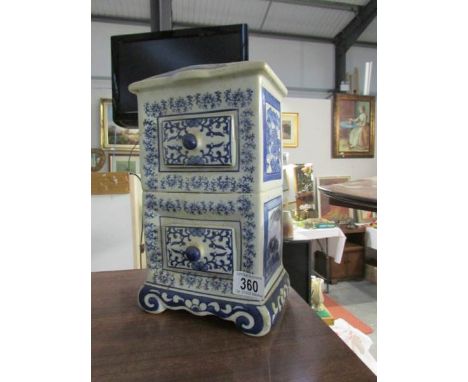 A blue and white 2 drawer ceramic spice chest