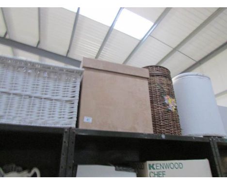 2 wicker linen bins, a wicker trunk and storage stool