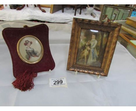 A miniature of a lady with dog and a miniature portrait in velvet frame