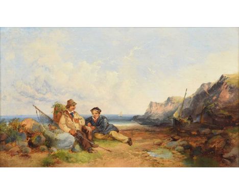 Joseph Horlor (British 1809-1887) Beach scene with figures and a boat Signed, oil on board.28.5 x 49cm (framed 39.5 x 59.5cm)
