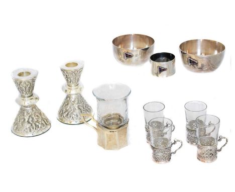 A selection of silver plate items, A selection of silver plate items, to include four silver plate and clear glass cups, a pa
