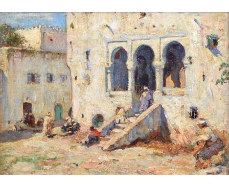 Frederick William Jackson (British 1859-1918) Street scene with figures, Tangiers Signed, oil on board.25 x 35.5cm (framed 40
