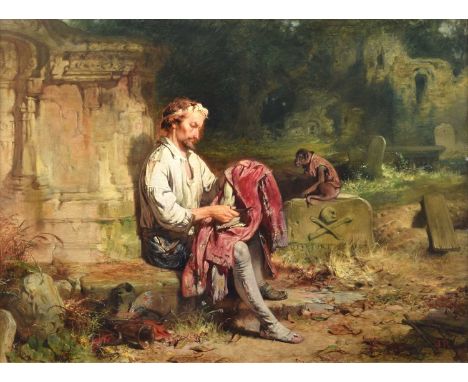 John Ritchie (British 1828-1905) "Past Mending" Initialled, titled on old label verso, oil on canvas.43.5 x 59.5cm (framed 59