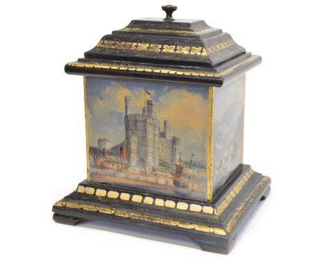 Mid 19th century slate lidded box Mid 19th century slate lidded box painted with panels of Welsh scenes including Snowdon and
