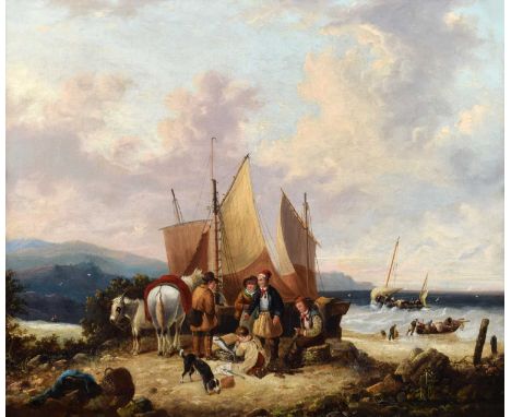 William Shayer (British 1787-1879) Beach scene with numerous figures Signed and dated 1846, oil on canvas.62 x 74.5cm (framed