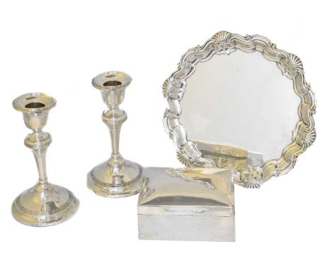 A selection of silver, A selection of silver, to include a pair of candlesticks, a salver, and a cigar case, gross weight of 