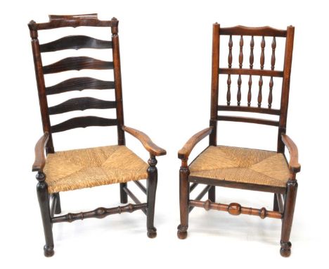 Two 19th century vernacular oak  chairs Two 19th century vernacular oak armchairs to include a spindle back and ladder back e