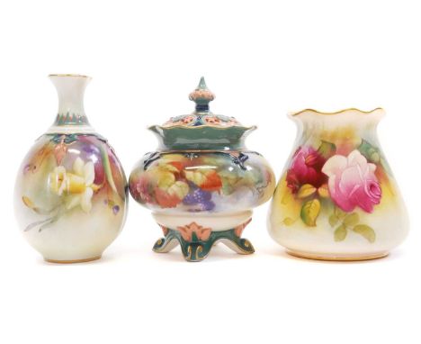 Three Royal Worcester Vases Three Royal Worcester Vases, two of Hadleys ware style, the third signed M. Hunt, all painted wit