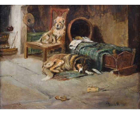 David Willis (British 19th/20th century) Interior scene with dogs and sleeping baby Signed, oil on canvas.23.5 x 31.5cm (fram