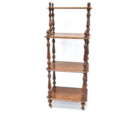 Victorian inlaid walnut whatnot Victorian inlaid walnut whatnot with four rectangular graduated shelves, each with matching e