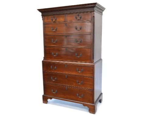 George III Mahogany Chest on Chest  George III mahogany chest on chest or tallboy, dentil cornice above a blind fretwork frie