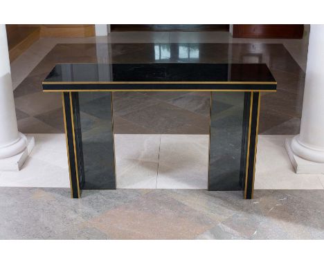 A SMOKED GLASS AND GILT METAL BANDED CONSOLE TABLE, FRENCH, 1970s, on angular supports, 120cm (w) x 73cm (h) x 35cm (d)
