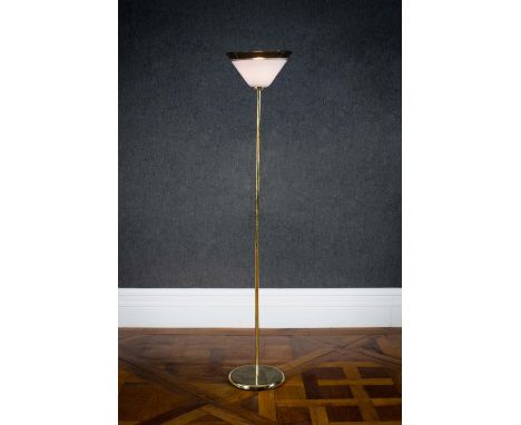 A GILT STANDARD LAMP, with moulded glass shade