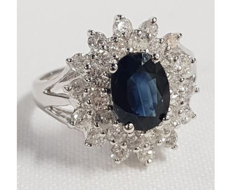9CT GOLD SAPPHIRE (1 CARAT) &amp; DIAMOND (1 CARAT) CLUSTER RING