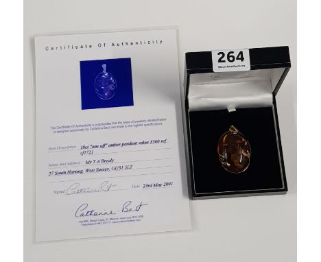 18CT GOLD 'ONE OFF' AMBER PENDANT BY CATHERINE BEST WITH CERTIFICATE OF AUTHENTICITY