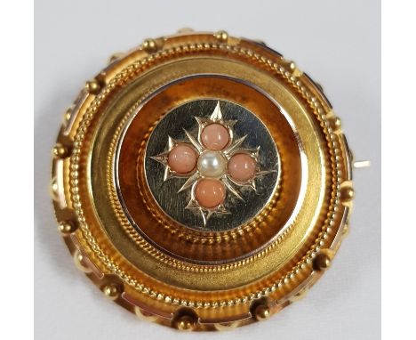 14 CARAT GOLD CORAL &amp; PEARL MOURNING BROOCH
